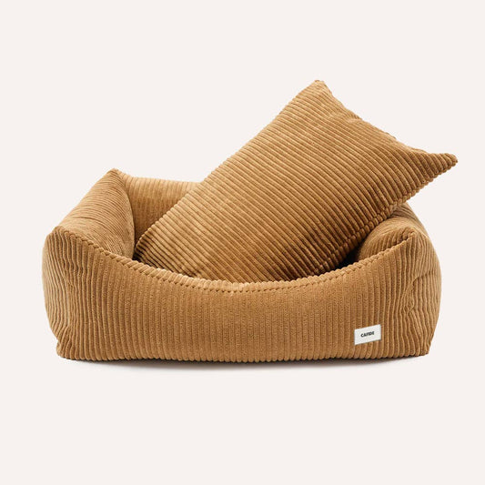 Lit pour chien en velours côtelé moutarde, Snozy